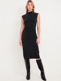 mock neck sleeveless side ruching fitted hits at calf models are approx.  5'9" and wear sizes s (4), l (12), and xl (18)machine wash according to the care instruction label  . Best Holiday gift for Women , perfect Dresses for Christmas! Dresses Work Outfit, Dress Brown Boots, Dress Work Outfit, Black Dress Boots, Midi Dress Brown, 2024 Board, Midi Dress Work, Petite Midi Dress, Dresses Work