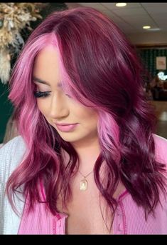 Vibrant Red Purple Hair, Red On Red Hair Color, Pink On Top Blonde On Bottom Hair, Hair Colour Ideas Vibrant, Easy Style For Medium Hair, Burgundy Hair With Purple Money Piece, Bright Summer Hair Color Fun, Purple Pink Underneath Hair, Light Brown And Colored Hair