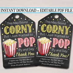 two tags that say popcorn and thank you for watching the show on tv or movies