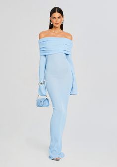 Stay effortlessly chic in SER.O.YA's Galleria Maxi Dress. With its flattering off-the-shoulder silhouette and fold over neckline, this knit maxi dress is a timeless piece that exudes sophistication. Shown here in Powder Blue. 77% Viscose, 23% Polyester Made in China Model is 5'10" wearing size S Style No. 3922-17 ABOUT Maxi Dress Dinner Outfit, Light Blue Elegant Dress, Formal Maternity Dresses, Movie Premiere Dress, China Outfit, Blue Wedding Guest Dress, Maxi Blue Dress, Blue Fitted Dress, Baby Blue Outfit