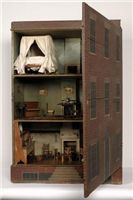 a doll house with furniture and accessories in it's display case, as seen from the front