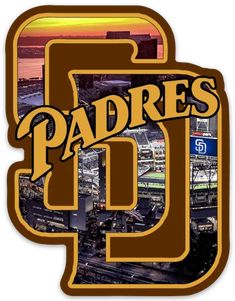 the padres logo is shown in front of an image of a baseball stadium at sunset