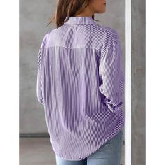 Purple Striped Print Long Sleeve Pocket Shirt Purple Relaxed Fit Long Sleeve Blouse, Striped Long Sleeve Shirt For Day Out, Striped Collared Tops For Day Out, Casual Purple Blouse Relaxed Fit, Purple Long Sleeve Relaxed Fit Blouse, Casual Purple V-neck Shirt, Spring V-neck Purple Shirt, Spring Striped Collared Top, Purple Relaxed Fit Button-up Blouse