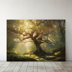 a painting of a tree in the middle of a forest with sunlight coming through it