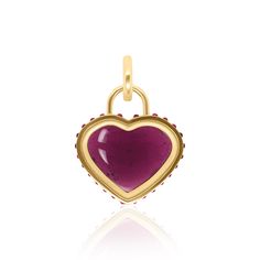 Purple tourmaline 23 ctw & ruby .52 ctw Handcrafted in 14k yellow gold Chain not included, 8mm push clasp