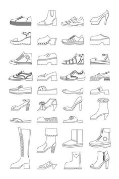 the different types of shoes are shown in black and white