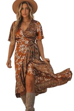 Brown Floral Print Ruffled Lace Up Wrap V Neck Midi Dress Brown Floral Print, Split Design, V Neck Midi Dress, Dresses By Length, Brown Floral, Midi Dresses, Women Dresses, Women's Fashion Dresses, Body Shapes