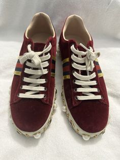 Gucci Ace Sneakers, Chic Sneakers, Burgundy Velvet, Sneaker Games, Classic Chic, Platform Sneakers, Metallic Leather, Low Top, Faux Pearl