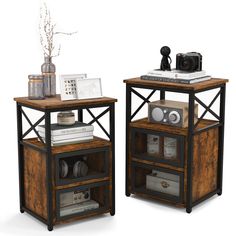 two end tables with books and magazines on each shelf, one holding a camera and the other an electronic device