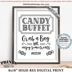 a printable poster with the words candy buffet, grab bag and enjoy some treats