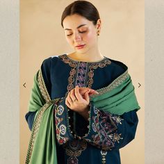 Zara shah Jahan Embroidered Khaddar Suit, Stitched to perfection, Stitched same as model photo, Available Unstitched and Stitched ! Embroidered Shirt, Embroidered Sleeves, Embroidered Pants Bodar, Embroidered Shawl. Sizes: Xtra small: 34 Bust Round  Small: 36 Bust Round Medium: 20 Bust Round Large: 44 Bust Round Xtra Large : 46 Bust Round You can Also make this on Custom Size! Semi-stitched Embroidered Georgette Dress, Green Embroidered Straight Kurta Dress, Traditional Dress With Resham Embroidery For Eid, Green Dress With Resham Embroidery, Transitional Anarkali Dresses With Embroidered Border, Unstitched Dresses For Diwali And Traditional Ceremonies, Intricate Embroidery Jamawar Anarkali Set For Eid, Traditional Drape Dress With Embroidered Border For Eid, Eid Multicolor Embroidered Straight Kurta Dress