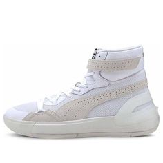 Looking for a sleek, monochromatic basketball shoe with classic '80s design roots? The PUMA Sky Modern 'Dreamer' has got you covered. The shoe's breathable white mesh upper is perfect for hitting the court, while the padded leather collar and Off-White suede detailing provide a stylish edge. An external TPU heel counter ensures stability, while a full-length ProFoam midsole offers high-rebound cushioning. So whether you're looking to hit the hardwood or the pavement, the PUMA Sky Modern 'Dreamer' has got you covered. (SNKR/Retro/High Top/Crossover/Basketball) Mesh Lace-up Basketball Shoes For Streetwear, Breathable Mesh Lace-up Basketball Shoes For Streetwear, Breathable Leather High-top Sneakers For Streetwear, Urban Style White Basketball Shoes, White Custom Sneakers For Streetwear In Athleisure Style, White Custom Sneakers For Streetwear, Casual Lace-up Basketball Shoes With Breathable Mesh, Leather High-top Breathable Sneakers, White Low-top Basketball Shoes With Breathable Mesh