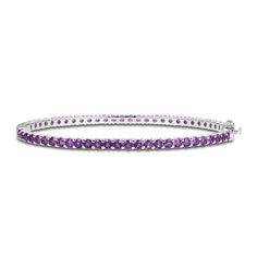 Vibrant round amethysts adorn this sophisticated bangle fashioned in classic sterling silver. The bracelet measures 7.25 inches and secures with a box clasp. Elegant Sterling Silver Round Amethyst Bracelet, Elegant Sterling Silver Amethyst Bracelet For Formal Occasions, Elegant Round Amethyst Sterling Silver Bracelet, Purple Round Tennis Bracelet For Formal Occasions, Classic Formal Bangle With Gemstone, Elegant Purple Sterling Silver Bracelet For Formal Occasions, Elegant Purple Sterling Silver Bracelet, Elegant White Gold Amethyst Bracelets, Purple Tennis Bracelet For Anniversary