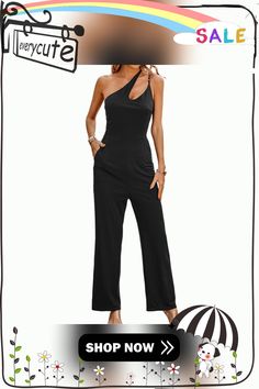 Black One-shoulder Double Straps Pocket Jumpsuit Casual Black Off-shoulder Jumpsuit/romper, Casual Black Off-shoulder Jumpsuit, One-shoulder Jumpsuits And Rompers For Summer Night Out, Black Strapless Jumpsuit For Summer Evenings, One Shoulder Solid Jumpsuits And Rompers For Date Night, One Shoulder Solid Jumpsuit For Date Night, Solid One-shoulder Jumpsuits And Rompers For Date Night, One-shoulder Solid Jumpsuits And Rompers For Date Night, Chic One-shoulder Jumpsuit In Solid Color