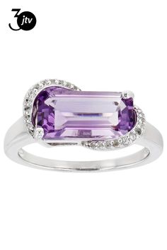 Pre-Owned 3.00ct Rectangular Octagonal Lavender Amethyst With .10ctw White Round Zircon Rhodium Over Sterling Silver Ring. Measures Approximately "L x "W. Not Sizeable. .  This product may be a customer return, vendor sample, or on-air display and is not in its originally manufactured condition.  It may not be new.  In some instances, these items are repackaged by JTV. Accent stones primarily zircon. Purple Baguette Cut Rings For Formal Occasions, Classic Purple Diamond Ring With Accent Stones, Fine Jewelry Purple Octagon Rings, Classic Lavender Diamond Jewelry, Lavender Brilliant Cut Rings For Formal Events, Lavender Emerald Cut Rings For Formal Occasions, Formal Lavender Emerald Cut Ring, Lavender Emerald Cut Fine Jewelry Ring, Classic Lavender Diamond Rings