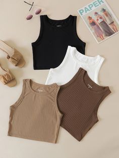 4pcs Solid Ribbed Crop Tank Top Multicolor Casual   Fabric Plain Tank High Stretch Summer Women Clothing, size features are:Bust: ,Length: ,Sleeve Length: Crop Top For Women, Tank Top Outfits, Crop Top Outfits, Cute Crop Tops, Cropped Tops, Top For Women, Knit Crop Top, Knit Crop, Fesyen Wanita