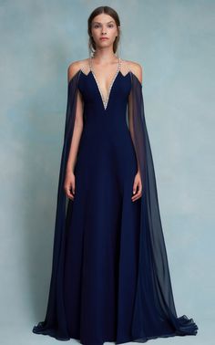 Jenny Packham - Women's Vivien Caped Silk Chiffon Gown - Navy - Only At Moda Operandi Baju Kahwin, Stile Hijab, Fantasy Dresses, Hello Lovely, Gambar Figur, Fantasy Gowns, Jenny Packham, Chiffon Gown