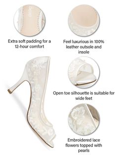 wedding shoes and accessories for the bride's special occasion, including high heeled heels