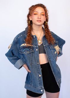 "Vintage 80s denim jacket. The ultimate classic 80s denim jacket is full of fun studded Southwestern jewels. Boxy oversized silhouette. Long sleeves. Bust and waist pockets. Front button fastening. Unlined. We kindly ask that you please view all measurements for comparison so you can get your desired fit. * Brand: Freeco Western * Decade: 1980s * Fabric: 100% Cotton * Lining: Unlined * Color: Medium Denim Wash C O N D I T I O N * Excellent vintage condition * Minimal pre-wear * No visible flaws 80s Denim Jacket, Denim Jacket Fits, 80s Denim, Jacket Fits, Oversized Silhouette, Green Silk, Denim Wash, Silk Blouse, Vintage Outfits