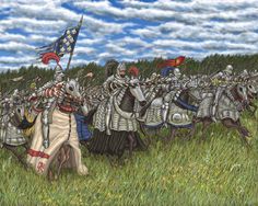 a painting of men in armor on horses with flags and banners flying above them, surrounded by tall grass