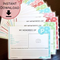 a pile of personalized memory cards with the text instant printables on them