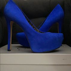 They’re A Nice Dark Blue Brand New With A Nice Design In The Inside Of Heels! Blue 4-inch Heels For Party, Blue High Heel Platform Shoes, Blue Platform High Heels, Fitted Blue Heels With Round Toe, Fitted Blue Round Toe Heels, Bold Blue Heels For Party, Formal Blue Platform Heels, Chic Blue Evening Heels, Blue Suede Open Toe Heels