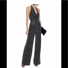 Crepe, Rhinestones, Solid Color, Sleeveless, Collar With Draped Neckline, Fully Lined, No Pockets, High Waisted New With Tags Alice + Olivia Salem Cowled Halter Jumpsuit Elegant Party Jumpsuits And Rompers With Rhinestones, Elegant Rhinestone Jumpsuits For Night Out, Glamorous Evening Jumpsuits And Rompers With Rhinestones, Elegant Embellished Sleeveless Jumpsuits And Rompers, Elegant Silver Jumpsuits And Rompers For Parties, Silver Sleeveless Jumpsuit For Evening, Silver Sleeveless Evening Jumpsuits And Rompers, Silver Sleeveless Evening Jumpsuit, Chic Silver Jumpsuits And Rompers For Formal Occasions