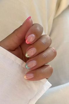 Rainbow Chrome Nails French Tip, Summer Nails Ideas Square, Short Nails Real Nail, Pastel Sns Nails, Summer Europe Nails, Multicolor French Tip, European Summer Nails, Two Color French Tip Nails, Europe Summer Nails