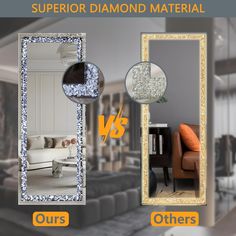 an image of a living room with diamonds on the mirror and other things in it