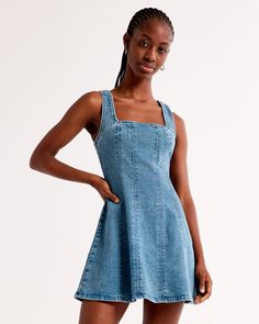 Flattering mini dress in our classic and comfortable denim fabric, featuring a square neckline and on-trend seaming details. Skort Dress, Cutout Maxi Dress, Womens Shift Dresses, Mini Dresses Online, Maxi Dress Online, Denim Mini Dress, Sweater Dress Midi, Strapless Mini Dress, Knit Midi Dress