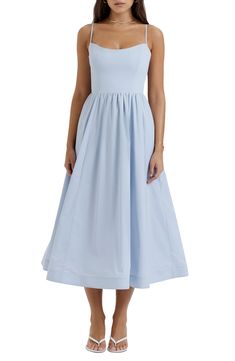 A soft cotton blend lends breezy appeal to this timeless dress with a signature corset defined by supportive boning and a boldly flared skirt. Exclusive retailer Scoop neck Lined 65% cotton, 32% nylon, 3% elastane Dry clean Imported Housewife Dress, Powder Blue Dress, Pale Blue Dresses, House Of Cb Dresses, Timeless Dress, Light Blue Dresses, Maxi Styles, House Of Cb, Dresses By Length