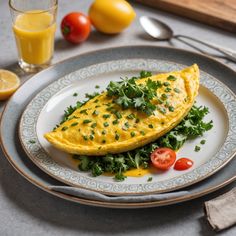 two omelets on a plate with tomatoes and lemons in the background,