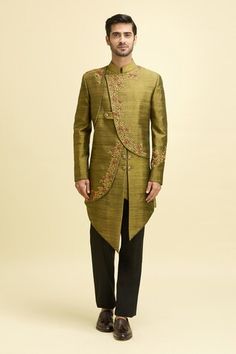 Olive green full sleeves curved panelled asymmetric kurta with flora vine resham embroidery. Paired with a pant. - Aza Fashions Asymmetric Kurta, Resham Embroidery, Men Kurta, Kurta With Pants, Band Collar, Full Sleeves, Aza Fashion, Full Sleeve, Olive Green