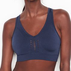 New With Tags Victorias Secret Long Line Seamless Sport Bra Navy Blue Blue Seamless Sports Bra, Victoria's Secret Seamless Stretch Tops, Victoria's Secret Stretch Tops With Built-in Bra, Blue Seamless Stretch Bra, Blue Stretch Bra For Loungewear, Blue Seamless Bra For Loungewear, Front Zip Sports Bra, Strappy Sports Bras, Seamless Sports Bra