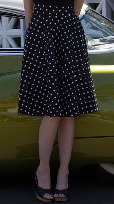 Retro Gal Polka Dot Swing Skirt in Black Skirt With Docs, Long Polka Dot Skirt, Floral Beach Dresses, Rockabilly Baby, Librarian Chic, Modern Skirt, Printed Beach Dresses, Pinup Style, Retro Pinup