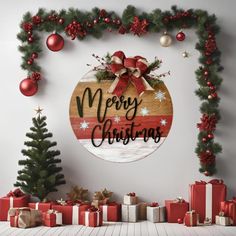 merry christmas sign surrounded by presents and decorations