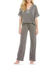 N by Natori Congo Jersey Coordinating Pajama Set | Dillard's Spring Lounging Sets With V-neck, Spring Lounging V-neck Sets, Casual V-neck Sets For Pajama Party, Casual V-neck Pajama Party Set, Relaxed Fit V-neck Loungewear Set, Casual V-neck Lounge Sets, V-neck Relaxed Fit Sleepwear For Lounging, Short Sleeve Tops With Elastic Waistband For Lounging, Summer Sleepwear With 3/4 Sleeves