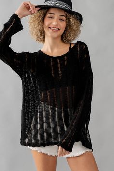 Introducing the Whispering Threads sheer distressed women's sweater! With its long sleeves and round neckline, this top offers a loose and comfortable fit. The see through lace adds a touch of delicate style, while the distressed details give it a unique edge. Perfect for those who love to make a statement with their fashion choices! Gorgeously soft with stretch. 100% Acrylic. Model is wearing a size small. She is 5'8". See size chart for sizing info. Sheer Long Sleeve Sweater For Spring, Sheer Long Sleeve Sweater For Fall, Long Sleeve Open Knit Top For Layering, Fall Long Sleeve Open Knit Mesh Top, Long Sleeve Open Knit Mesh Top For Fall, Fall Open Knit Long Sleeve Mesh Top, Distressed Sweater, Sheer Knit, Distressed Sweaters