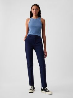 Soft cotton-spandex pants with two-way stretch.  Concealed hook and bar closure.  Zip fly.  Front slant pockets.  Back welt pockets.  Mid rise.  Sleek and straight with a slim fit.  Hits at the ankle.  Model is approx.  5’10” wearing Spandex Pants, Slim Fit Pants, Slim Pants, Navy Pants, Petite Size, Straight Leg Pants, Welt Pockets, On Off, Welt Pocket