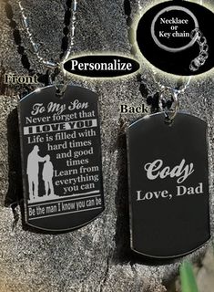 "- 29mm x 50mm stainless steel , rhodium plated dog tag. It is high quality with a mirror polished ALL SILVER coating. (No black) - The image is etched into the metal, with a process in which thousands of small impressions are made. -FREE 36 inch.(can be cut to any length) Necklace, or Key chain - FREE gift box - FREE engraving A unique heart felt necklace or key chain to let your son know just how much you love him! If you know it's something he wouldn't wear, it's a perfect keepsake. Note: If Mother Son Necklace, Son Necklace, College Grad Gifts, Felt Necklace, Great Inspirational Quotes, Gifts For Veterinarians, Congratulations Gift, Length Necklace, Daughter Necklace