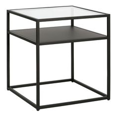 a black metal and glass side table with one shelf on the top, two shelves below