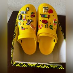 Brand New Pair Of Crocs Never Worn Comes With Croc Charms. Yellow Casual Mules For Spring, Yellow Non-slip Casual Clogs, Yellow Synthetic Clogs For Spring, Yellow Casual Non-slip Clogs, Yellow Flat Casual Mules, Casual Yellow Clogs For Beach, Casual Yellow Clogs For The Beach, Fun Summer Synthetic Clogs, Fun Synthetic Summer Clogs