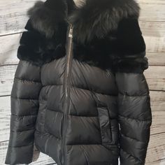 New Never Used. Style A21 Color Black Size Xs Designer Black Winter Outerwear, Designer Fitted Black Outerwear, Fitted Black Outerwear With Faux Fur Trim, Designer Black Outerwear With Padded Collar, Designer Black Outerwear With Faux Fur Trim, Designer Fitted Outerwear With Faux Fur Lining, Brandy Melville Jacket, Mandarin Collar Jacket, Patagonia Fleece