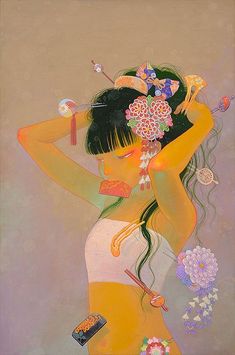 a painting of a woman with flowers in her hair and holding a cell phone to her ear