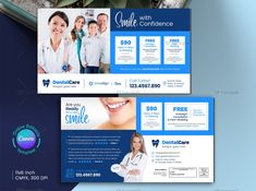 two sided flyer for dental clinic with blue and white colors on the front and back