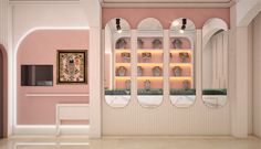 a room with pink walls and white shelves filled with mirrors, vases and other items