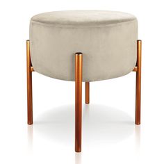 a round stool with wooden legs and grey velvet upholstered seat cushion, viewed from the front