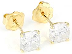 Moissanite Fire(R) 2.60ctw diamond equivalent weight cushion cut, 14k yellow gold stud earrings. Measures approximately 1/4"L x 1/4"W and have tension post backs. Actual moissanite weight is 2.42ctw. Gia Certified Cushion Cut Gold Jewelry, Gold Asscher Cut Diamond Earrings, White Cushion Cut Diamond Earrings, Gold Asscher Cut Earrings Fine Jewelry, Yellow Gold Cushion Cut Earrings With Prong Setting, Cushion Cut Yellow Gold Earrings With Prong Setting, Yellow Gold Stud Earrings, Ring Spacer, School Jewelry