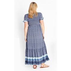 Chase the sun in our oh-so curve-loving Eve Border Dress, combining a breezy fabrication with pretty print to catch eyes from across the street. Whether you're headed to lunch or a casual city stroll, this dress can do it all.Key Features Include:- V-neckline with crochet trim- Short elasticated sleeves- Elasticated shirred bust- Pull over style- Maxi length- Tiered hemlineKeep it chic in lovely slides and a sun hat.100% Viscose Blue Maxi Dress With Ditsy Floral Print For Summer, Patterned Printed Maxi Dress For Day Out, Printed Patterned Maxi Dress For Day Out, Patterned Short Sleeve Maxi Dress For Summer, Patterned Short Sleeve Summer Maxi Dress, Summer Boho Print Patterned Maxi Dress, Short Sleeve Summer Dresses For Warm Weather, Short Sleeve Dresses For Spring Warm Weather, Patterned Short Sleeve Maxi Dress For Vacation