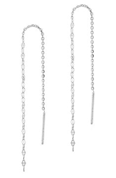 Simple chain lends contemporary charm to threader earrings shaped from bright sterling silver. 1.5" drop Thread-through style Sterling silver Imported Silver Dangle Threader Earrings, Silver Dangle Jewelry With Cable Chain, Silver Long Drop Earrings With Chain, Minimalist Silver Long Drop Threader Earrings, Silver Dangle Jewelry With Box Chain, Sterling Silver Earrings With Adjustable Chain, Dainty Silver Earrings With Adjustable Chain, Modern Long Drop Linear Earrings With Adjustable Chain, Modern Linear Long Drop Earrings With Adjustable Chain